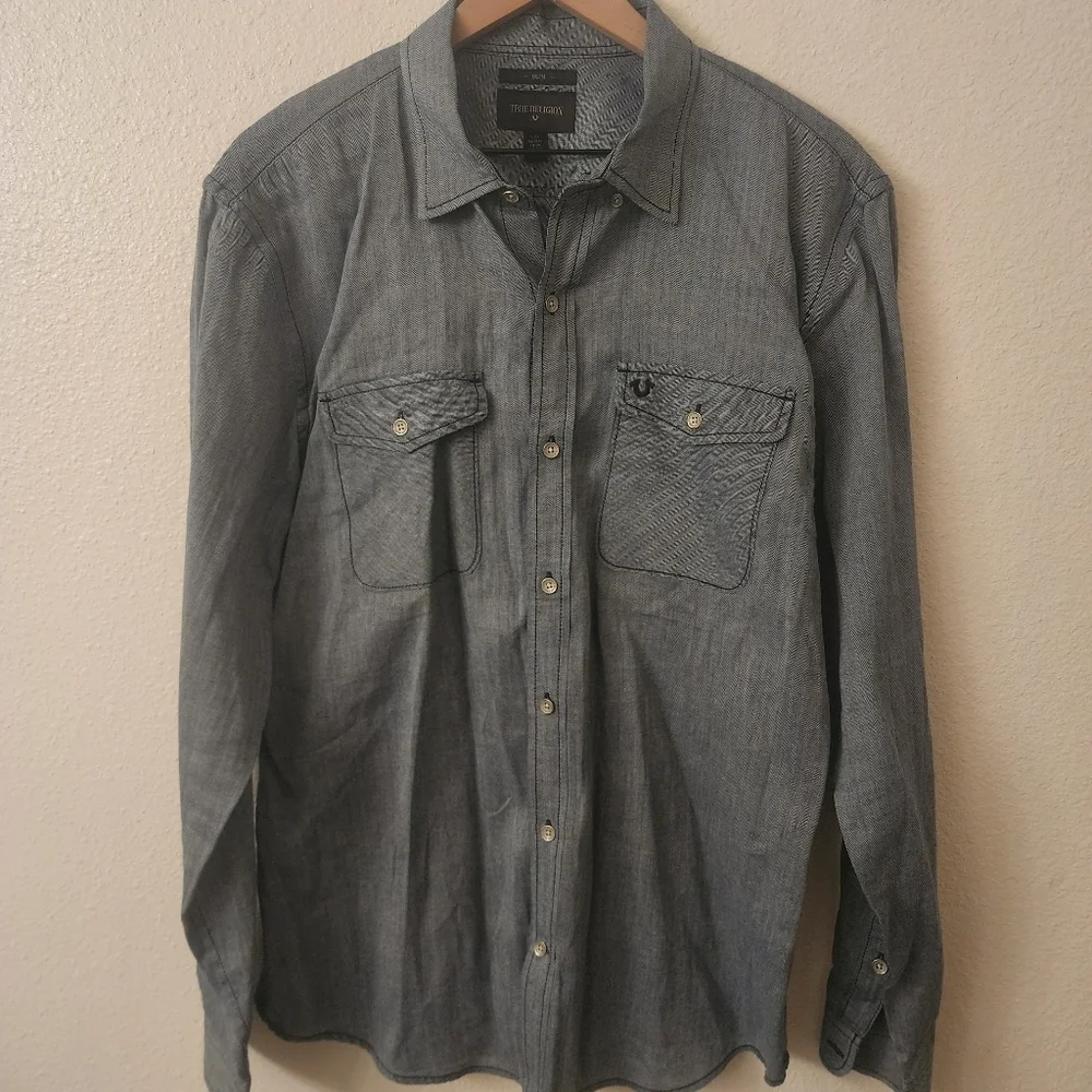 True Religion Slim Herringbone Button Down Long Sleeve Shirt Mens Large
